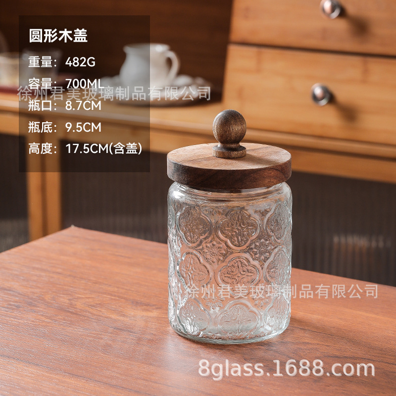 Tanque de almacenamiento de vidrio retro Begonia casera granos naranja frutas secas lata de almacenamiento de té lata de Acacia cubierta de madera mayorista