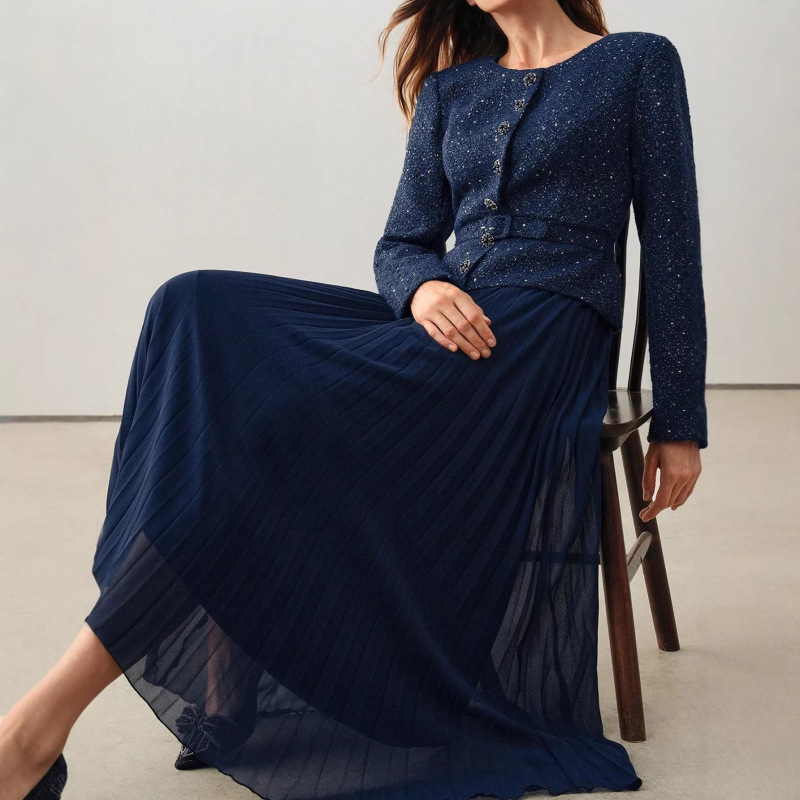 2401 Fashionable European and American Women's Clothing Autumn and Winter New Style Tweed Patchwork Pleated Dress with Faux Two-Piece Design and Belt