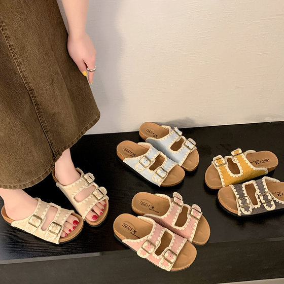 Platform Birkken Slippers Women's 2025 Summer New Suede Outer Wear One-word Belt Buckle Sandals Bocken Half Slippers