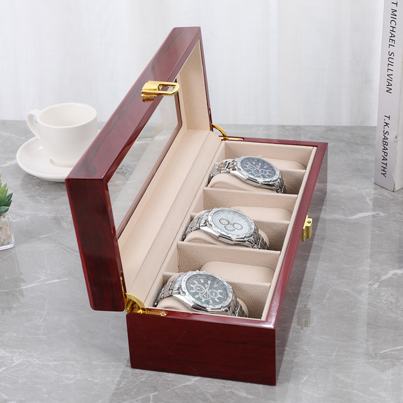Fábrica en stock Caja de reloj de alto brillo de madera maciza de 6 bits Caja de almacenamiento de reloj de madera de pintura a prueba de polvo de ventana de gama alta de estilo europeo