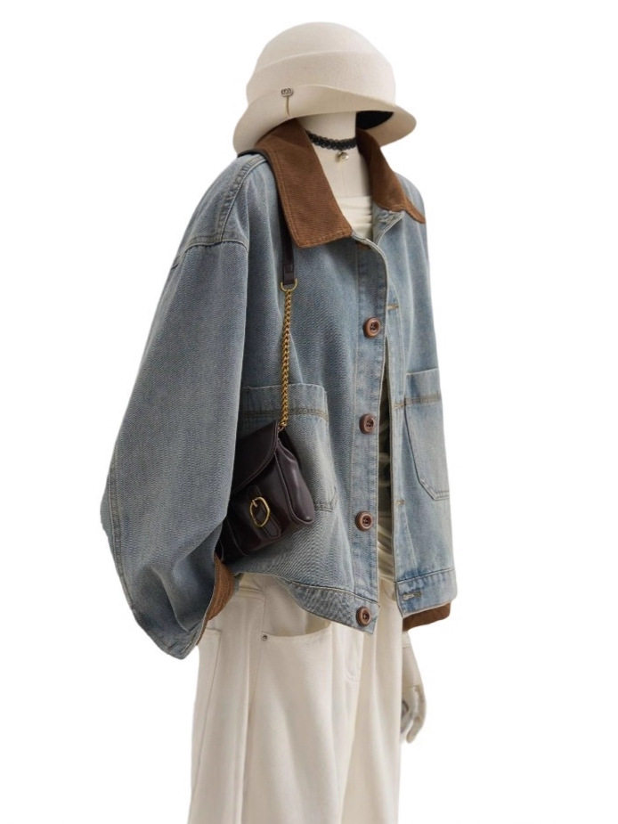 Áo khoác denim ngắn nữ dáng ôm, tay dài, cổ áo màu tương phản, phong cách Hàn Quốc — màu xanh denim