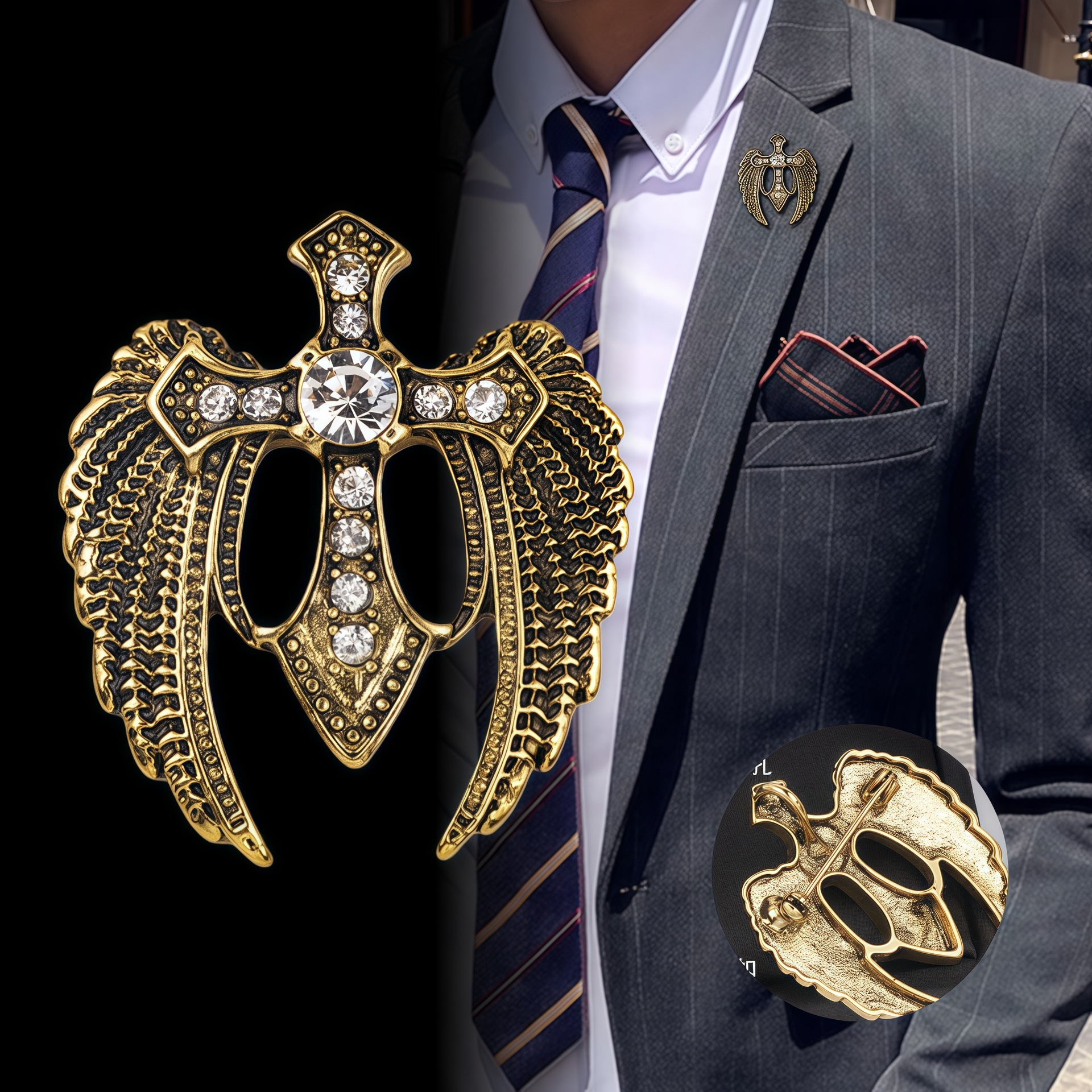 European and American Retro Rhinestone Cross Brooch Men's Suit Angel Wings Badge Women's High-end Jacket Pin Corsage