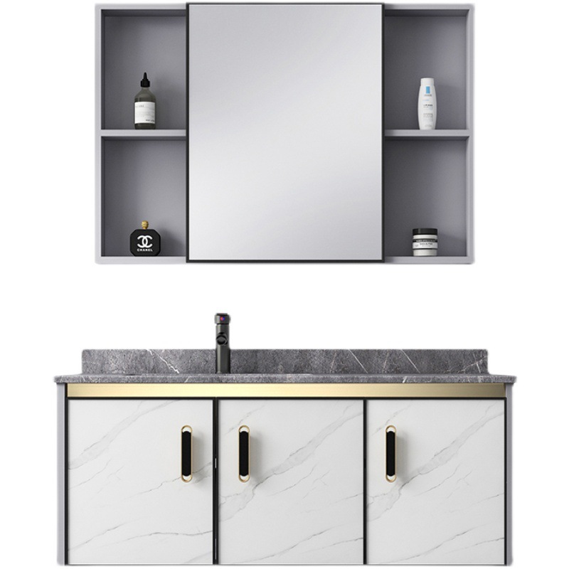 Combinación de gabinete de baño de aluminio de espacio de placa de roca combinación de gabinete de lavabo de baño minimalista moderno lavabo de cerámica de lujo ligero