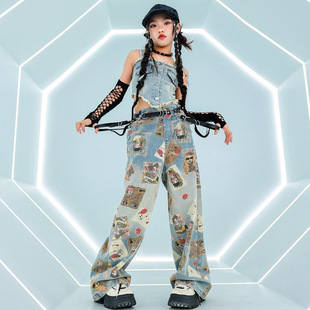 Jazz Dance Girls' Costume Navel Denim Sling suit Fashionable Jazz Dance Clothing Children's Street Dance Fashion Clothing