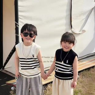 Korean Style All-match Striped Knitted Sleeveless New Loose Pony Embroidered Soft Waxy Stacked Small Vest Top for Boys and Girls