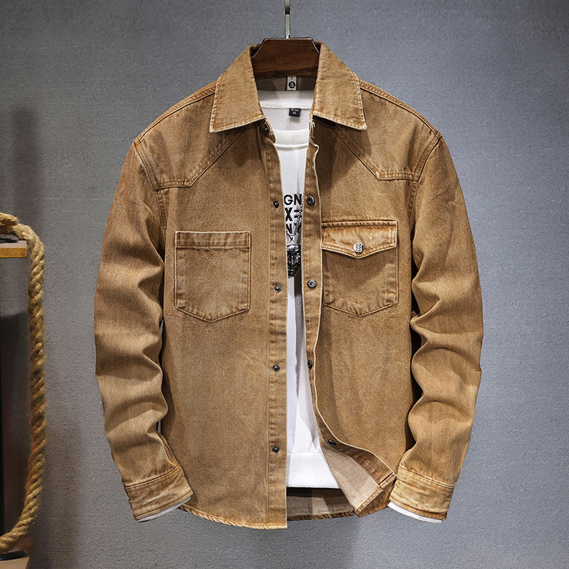 American Heavyweight Retro Denim Shirt for Men, Loose Niche Design, Trendy Brand Gradient Shirt for Men