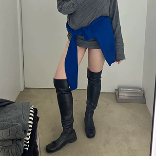 现-正确版本韩系Jennie同款蝴蝶结方头高筒弹力过膝长筒靴芭蕾靴