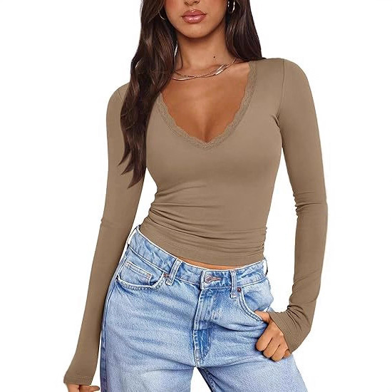 2025 Amazon Cross-Border European Sexy Pure Color V-Neck Fashionable Lace Edge Close-Fitting and Comfortable Autumn and Winter Long-Sleeved Tops 2025 Amazon Cross-Border European Sexy Pure Color V-Neck Fashionable Lace Edge Close-Fitting and Comfortable Autumn and Winter Long-Sleeved Tops