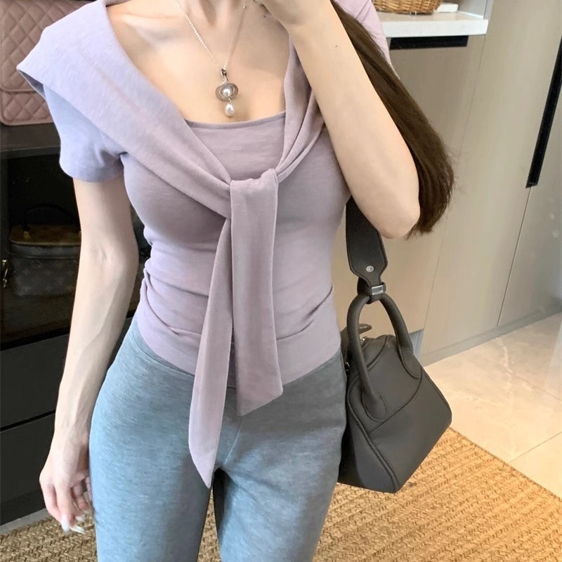 韩系紫色正肩短袖T恤女夏季设计感小众系带修身显瘦披肩上衣|undefined