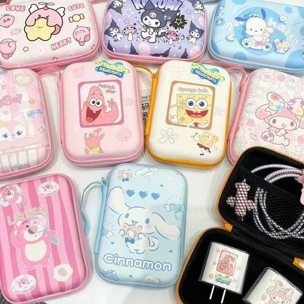 New Cute Cartoon Data Cable Storage Bag, Charger and Earphone Portable Organizer Box, Large Capacity Hard Shell Zipper Bag