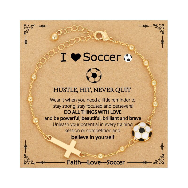 Gold Bead Sports Bracelet with Golden Cross and Oil-Drip Football Pendant, Adjustable Bracelet with Cross and Football Charm