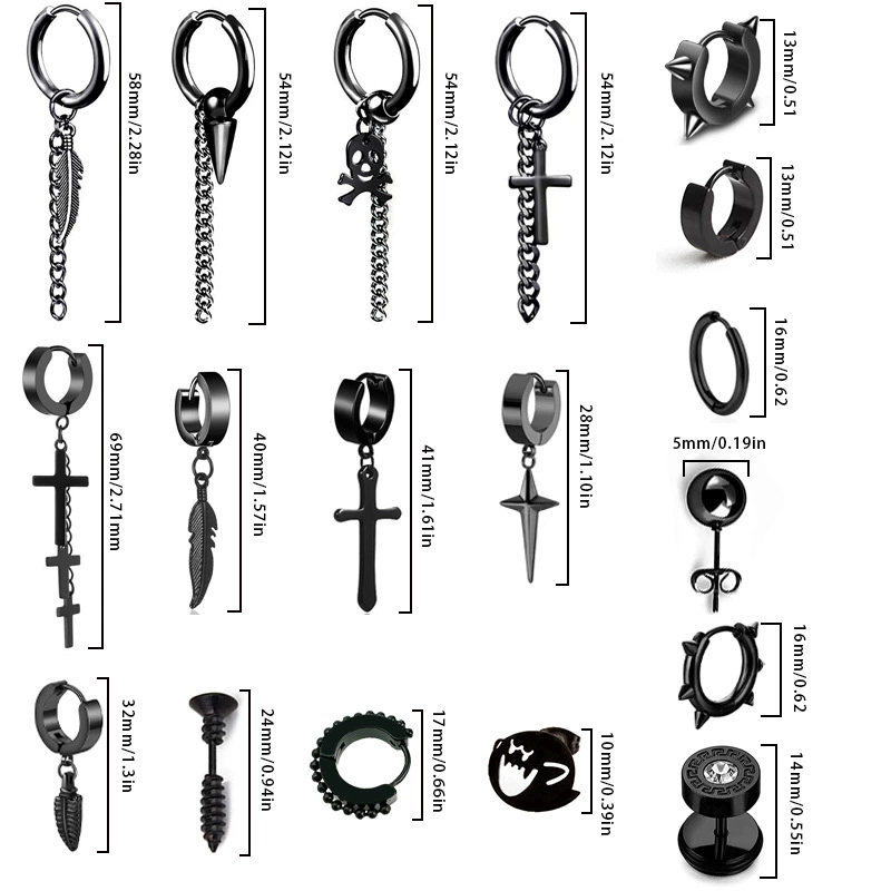 Серьги, черный стильный набор из нержавеющей стали, 18 пар