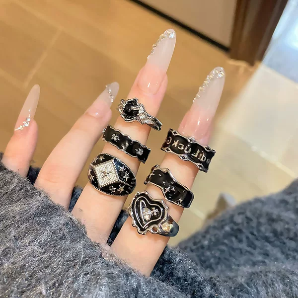 Cold Wind Niche Texture Dark Drop Glaze Open Ring for Women High Punk Star Elegant All-match Couple Ring