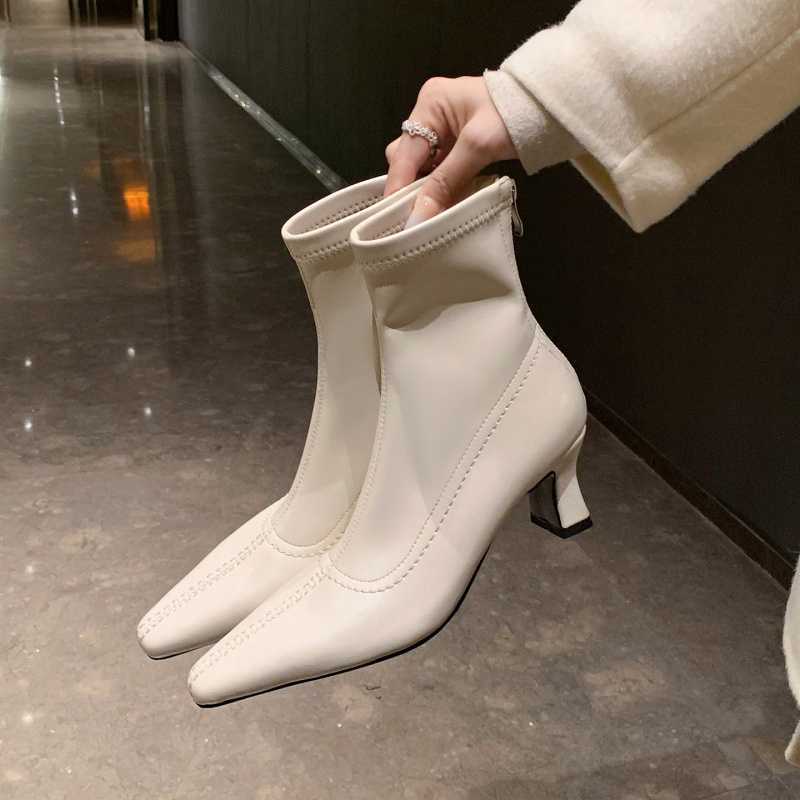 Very Elegant Small Square Toe Slim Boots 2025 Autumn and Winter Thick Heel High Heel Work Clothing Elastic Short Boots for Women 42 Large Size