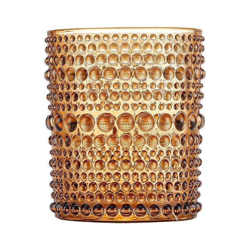 Vaso de vidrio de colores en stock, vaso de vidrio con relieve para velas, vaso de vidrio con rayas ámbar, vaso de vidrio con patrones verdes en stock