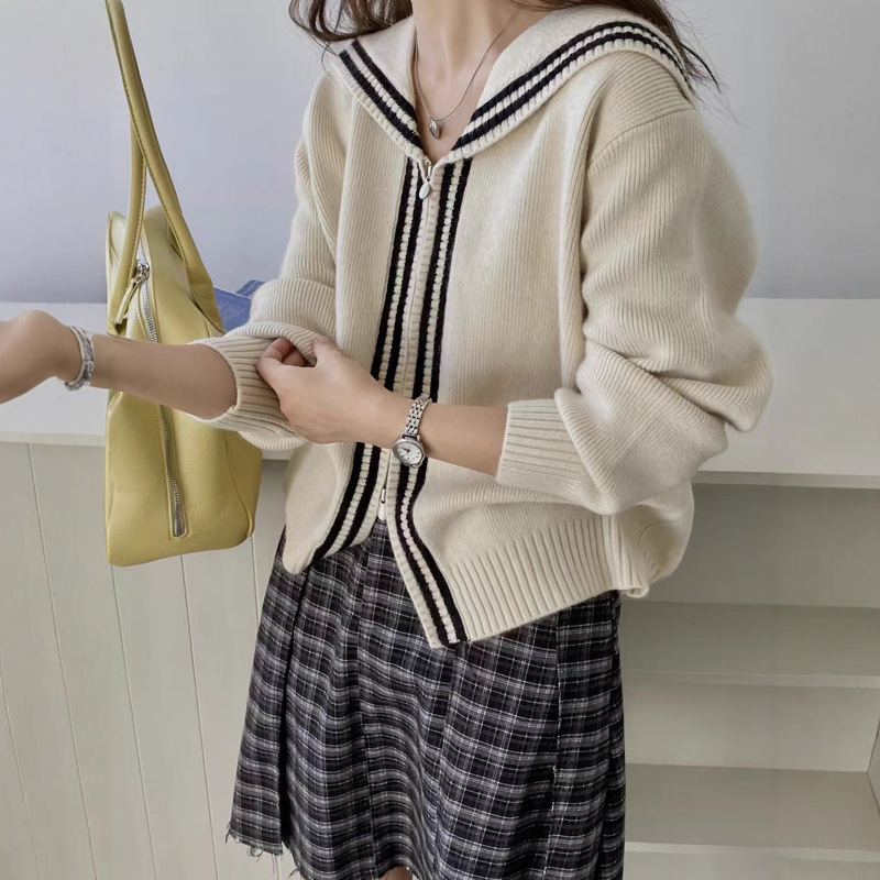 2025 New Autum Style Youthful Preppy Style Navy Collar Double Vertical Striped Knitwear Loose and Versatile Cardigan Jacket