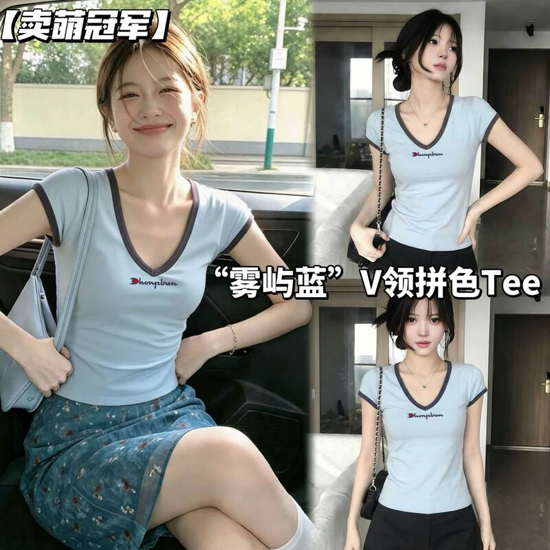 Cute Champion V-Neck Short Sleeve T-Shirt for Women, Summer 2026 New Korean Style High-End Slim Fit Short Top