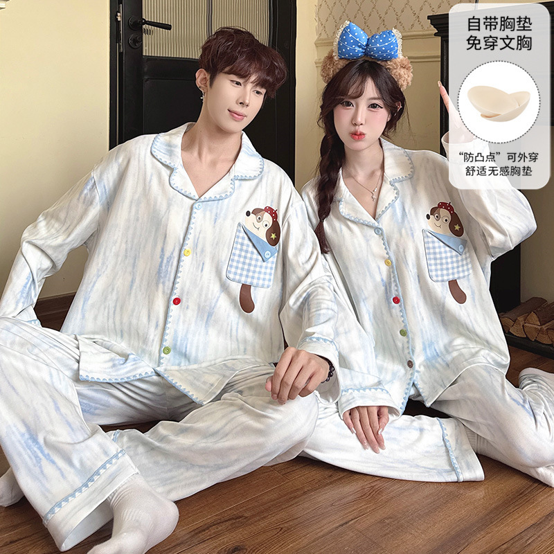 Korean-style cartoon couple pajamas, spring/autumn collection, featuring a collared cardigan, long sleeves, and long pants, with built-in chest pads, available in women’s and men’s sizes for comfortable loungewear