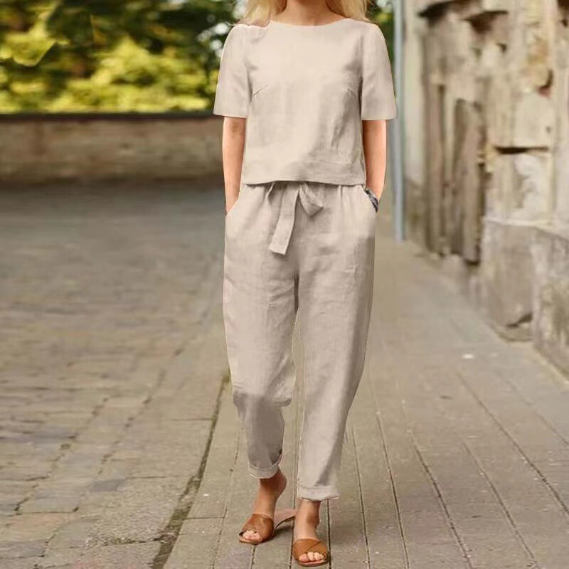 2025 Cross-Border Women's Cotton and Linen Summer Matchinging Suit Half-Sleeved O-Neck Oversized Blouse E Wide-Leg Pants Retro Two-Piece Set