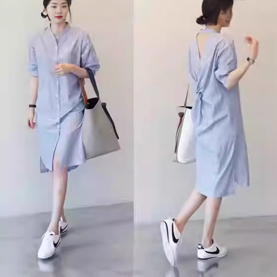 2026 Spring New Women's Shirt Dress Striped Backless Mid-Length Korean Style Loose Slimming Shirt Dress for Women