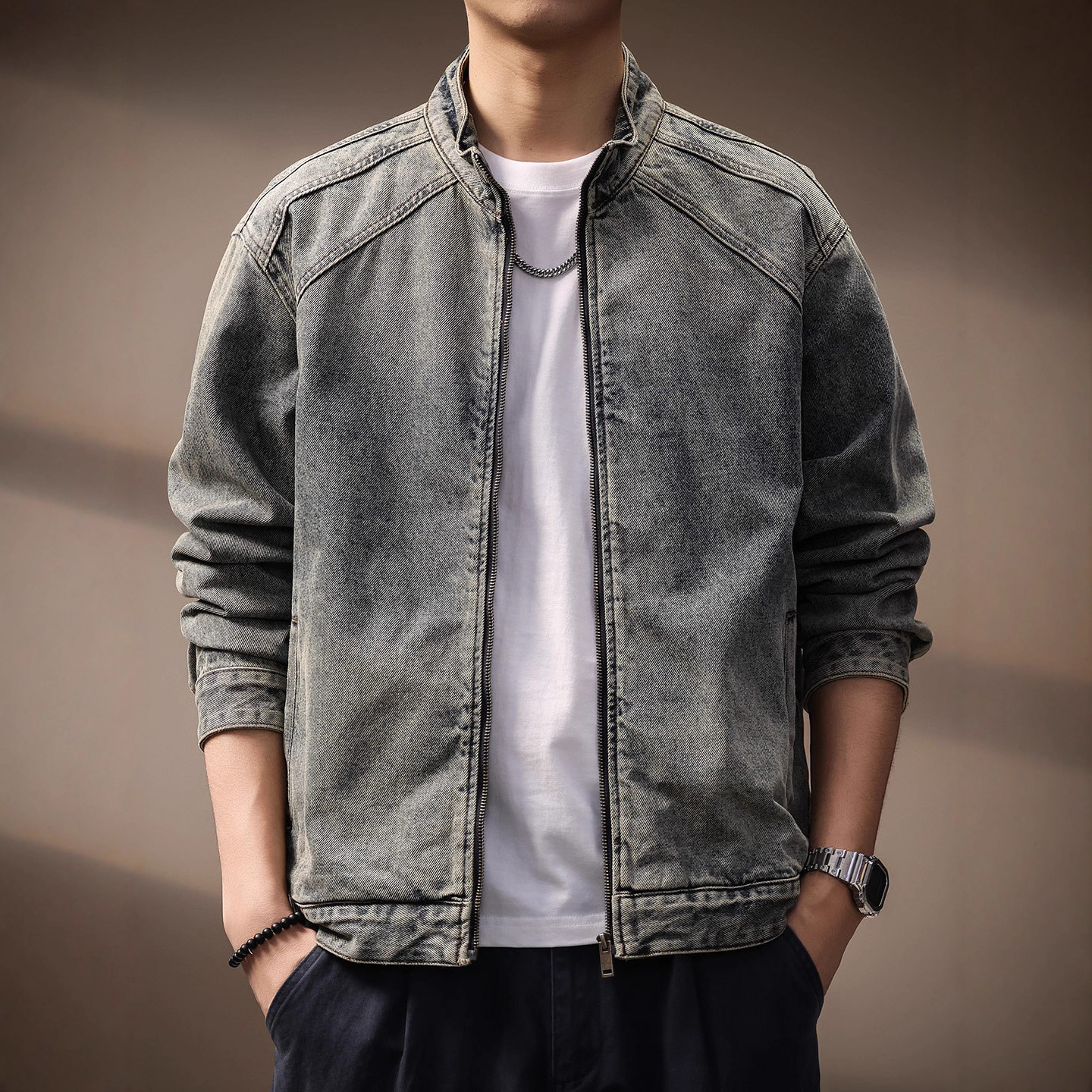 High-End Retro Washed Hong Kong Style Stand-Up Collar Denim Jacket for Men in Autum New Trendy Brand Distressed Loose Versatile Tops for Men