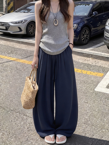 Navy blue linen wide-leg pants for women's summer 2026 new style loose drag-feeling casual cotton and linen small Yamamoto pants
