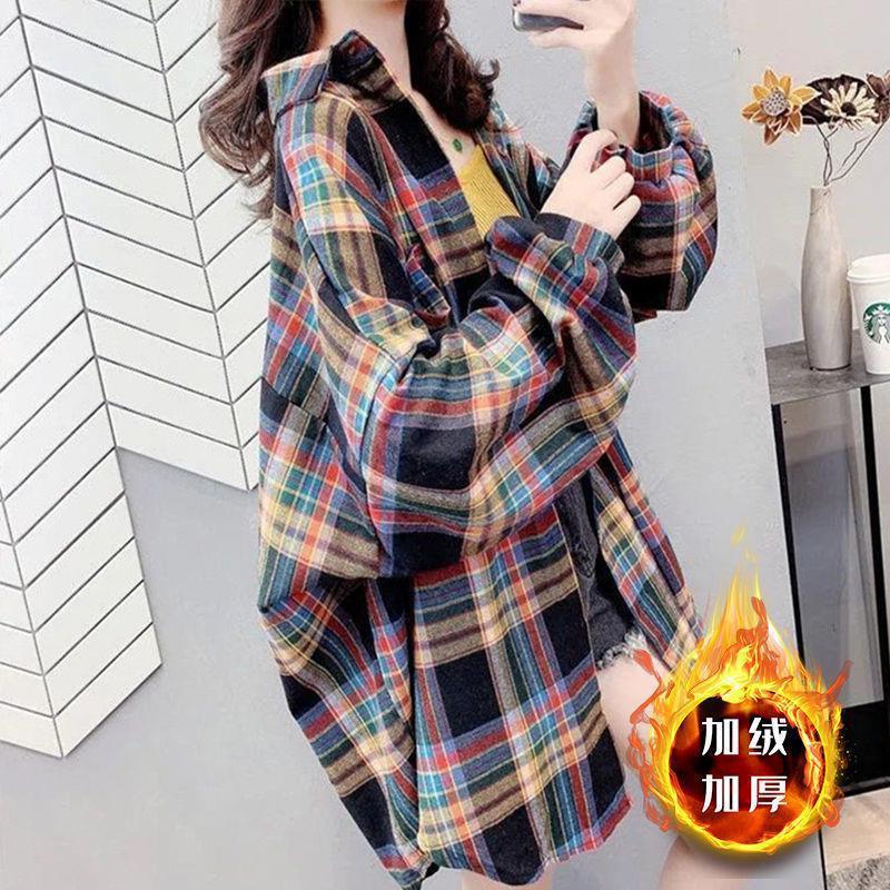 加绒加厚中长款宽松韩版设计感衬衣格子衬衫女复古秋季长袖上衣女