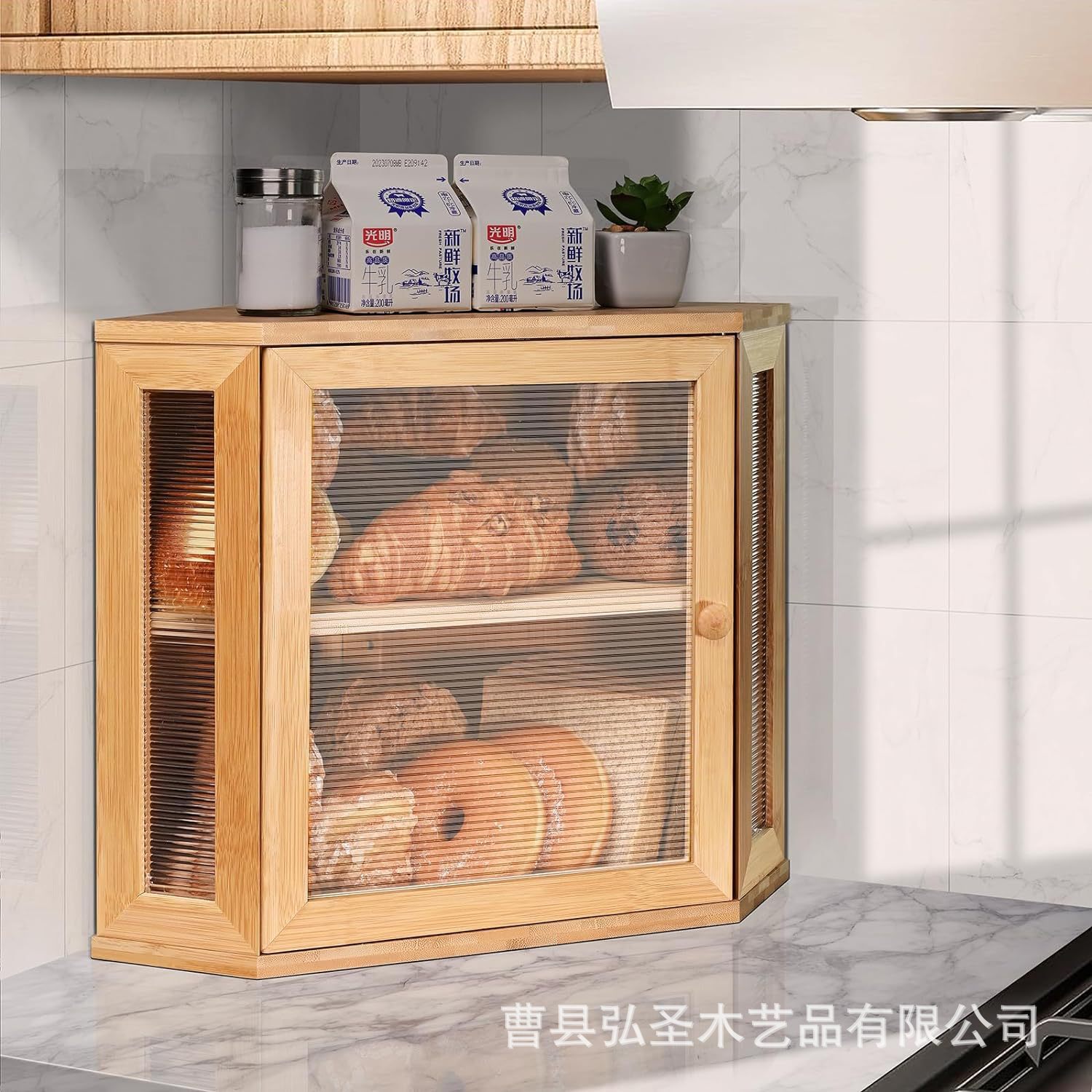 Caja de pan de bambú transfronteriza encimera de cocina caja de pan corrugado acrílico estante de almacenamiento de alimentos de cocina