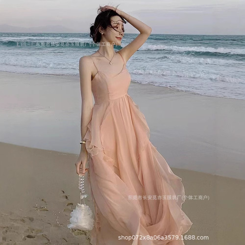 suspender dress, summer new style, Korean seaside vacation style, fairy suspender long dress