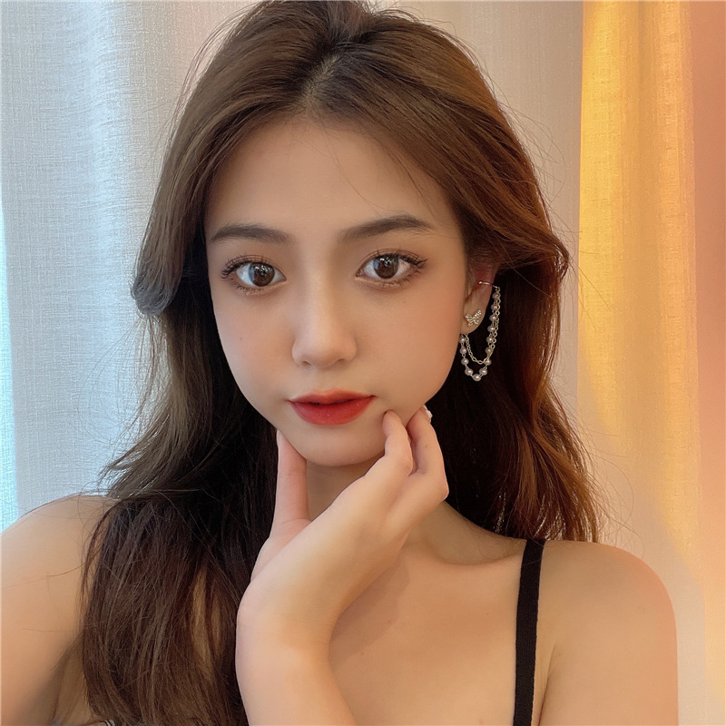 高级感不对称蝴蝶珍珠耳骨夹耳环一体式女超仙流苏耳钉新款耳饰女