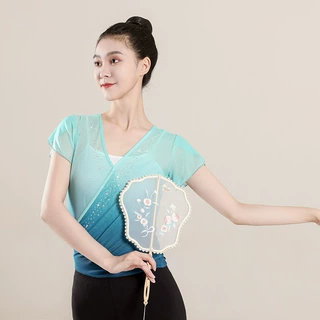 古典舞考级身韵舞蹈服渐变弹力短袖现代舞纱衣演出练功服女上衣