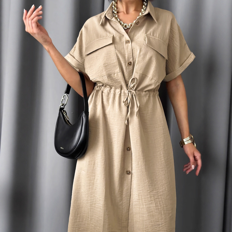 European and American Cross-Border French-Style Summer New Fashion Light Luxury Casual Commuting Style Lapel Straight Short-Sleeve Dress for Women