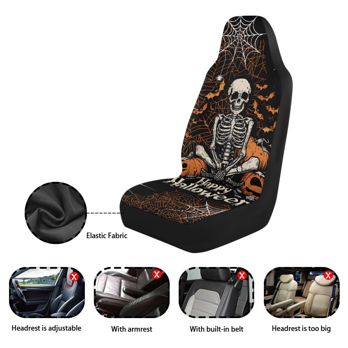 Cross-border Halloween-themed printed seat covers, featuring ghost and pumpkin designs, available for custom orders. Includes a set of two car seat protectors