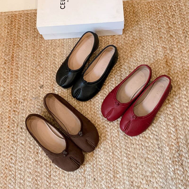 Cowhide Version, Thick Heel Pleated Split-Toe Shoes, Slip-On Pumps, Women's Medium Heel Genuine Leather Pig Trotters Retro Ballet Shoes