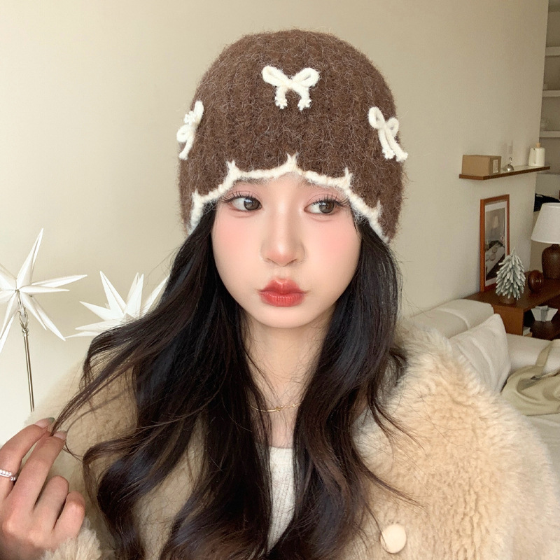 日系百搭蝴蝶结针织毛线帽子女秋冬休闲防风保暖包头帽显脸小冷帽|undefined