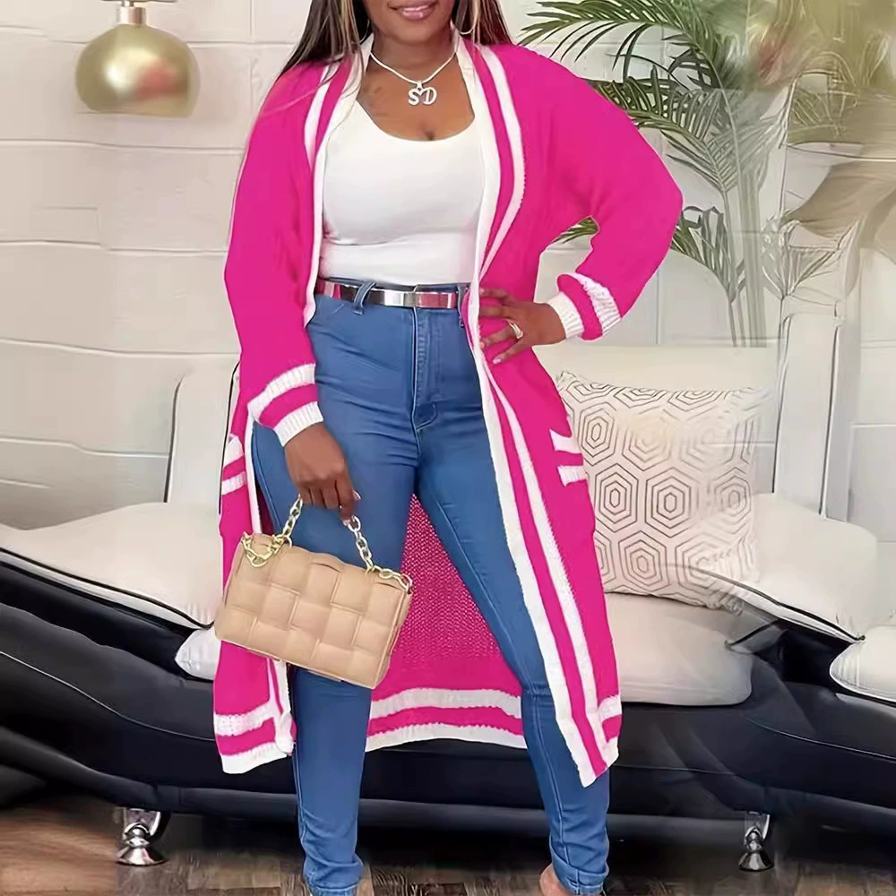 Новый кардиган-свитер Amazon 2025: повседневный вязаный кардиган средней длины в стиле колор-блок с полосками для женщин больших размеров (европейские и американские размеры)