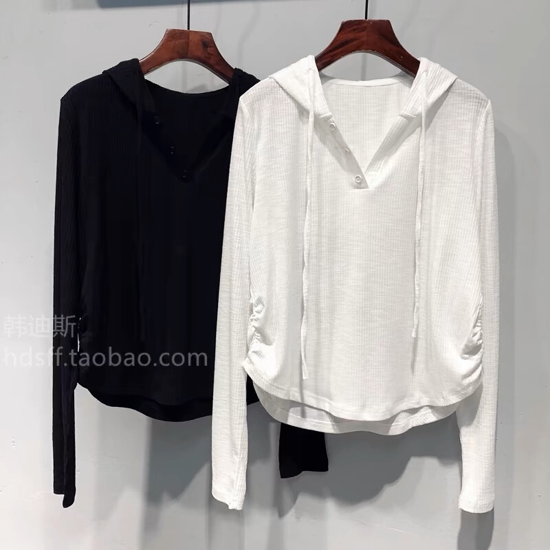 8142#(official figure real price) 2025 new solid color V collar fake button thread cotton long sleeve hooded T-shirt jacket 8142#(official figure real price) 2025 new solid color V collar fake button thread cotton long sleeve hooded T-shirt jacket