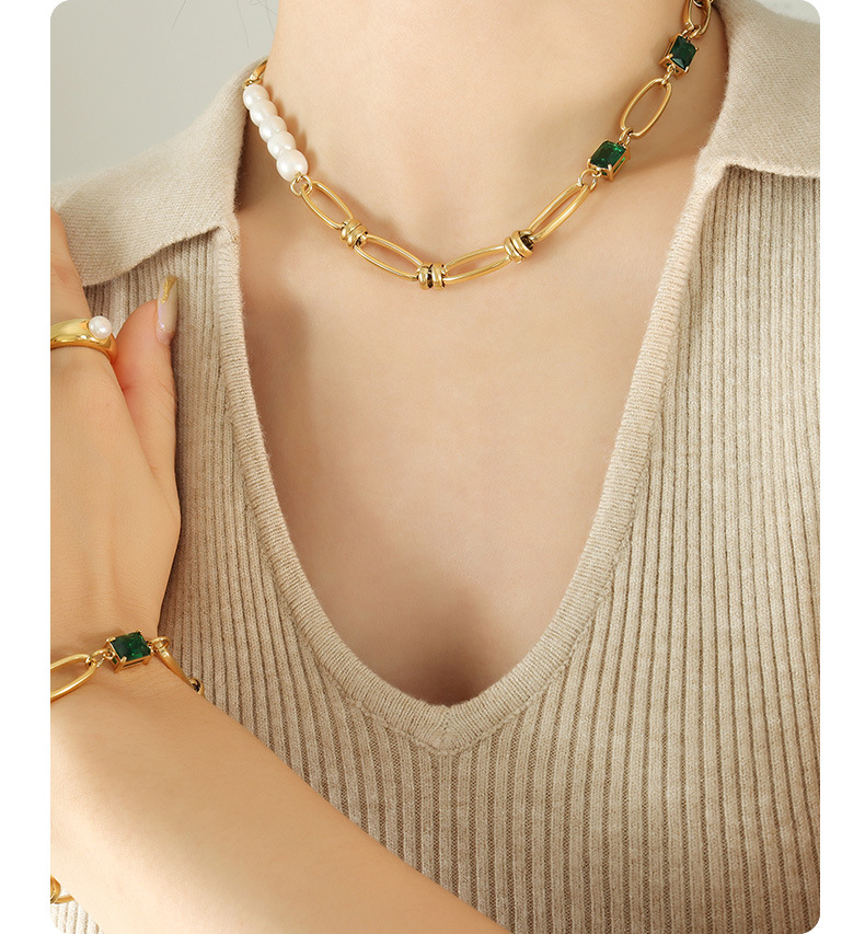 Elegant Square Pearl Titanium Steel Inlay Zircon Bracelets Necklace