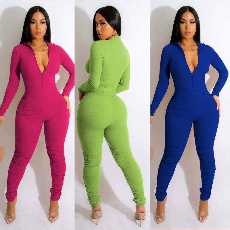 Yd1167-D4 European and American Clothing Amazon New Fashion Pure Color Threaded V Neck Jumpsuit Cross-Border Women's Clothing