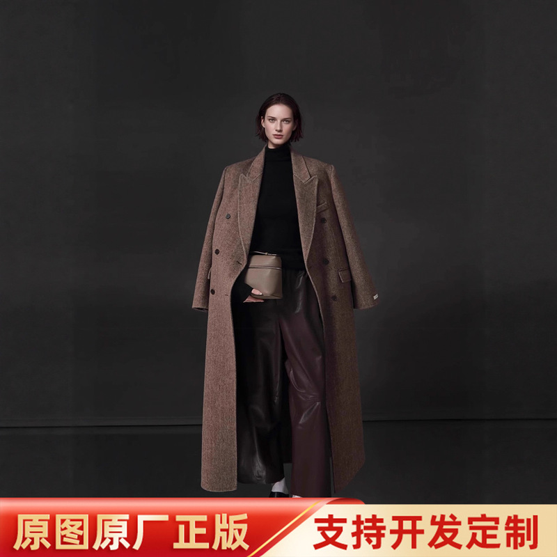 Vintage Herringbone Pattern Right-Angle Shoulder Design Women's Blazer Double-Sided Cashmere Coat Woolen Winter Double-Breasted Coat