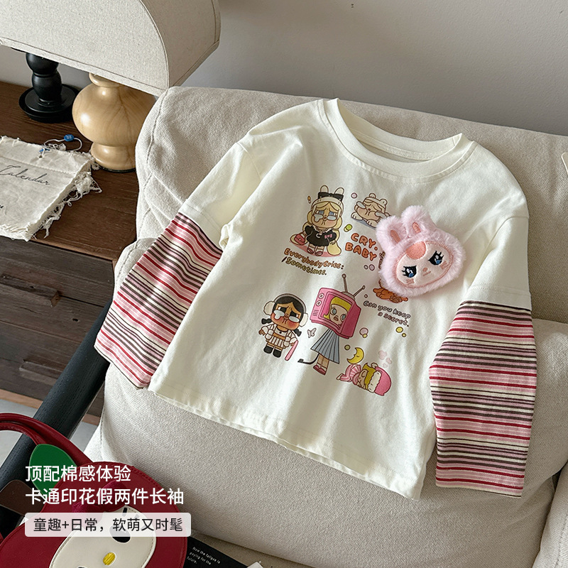 橘子童装25秋季新款亲子卡通条纹假两件T恤女童上衣湖州织里童装|undefined