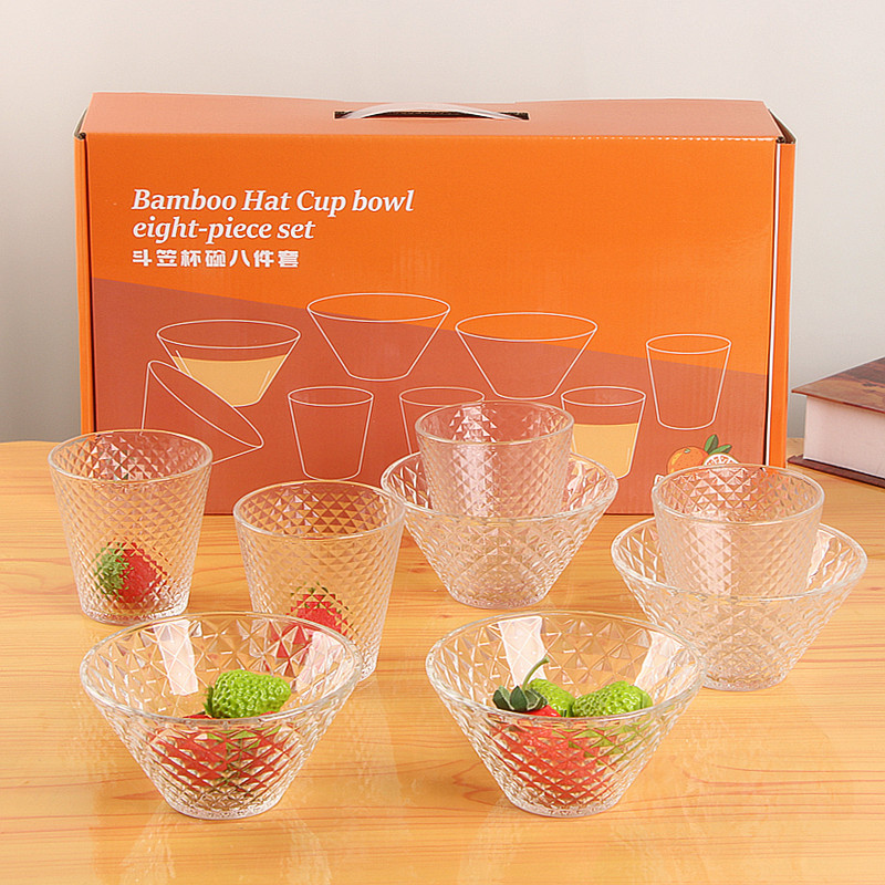 Bou Li Cup Bowl 8 피스 세트 가정용 유리 샐러드 그릇 물 컵 조합 세트 축제 오프닝 선물 세트 박스