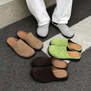 Niche Design Baotou Half Slippers Men's Suede Round Toe Half Slippers 91519 Long Hair Brown Green Yellow-J