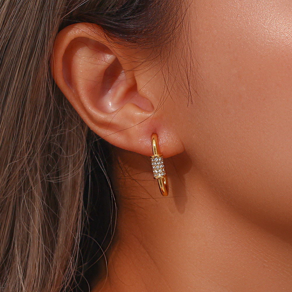 Fashion C Shape Stainless Steel Gold Plated Zircon Earrings 1 Pair