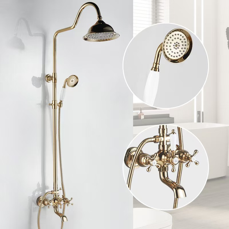 Hot sale French retro copper gold bathtub faucet shower suit double telephone hot and cold faucet