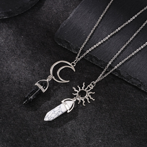 2 packs of new European and American cross-border retro sun and moon natural stone hexagonal column crystal couple jewelry necklaces