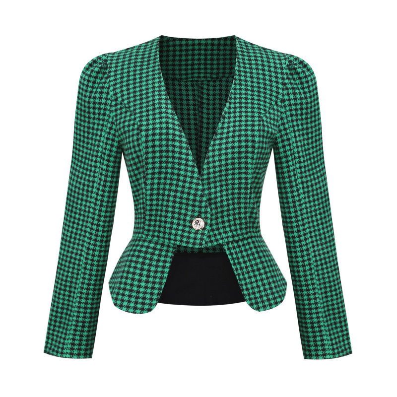 Retro British Plaid Classic Green Houndstooth Short-Sleeve Suit with Long-Sleeve Low-Neck Woolen Coat Commuter Set for Women