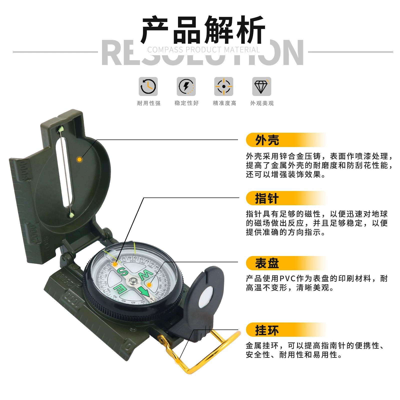 Professional quality DC45-2A American multi-function compass, metal military green north needle, outdoor travel products