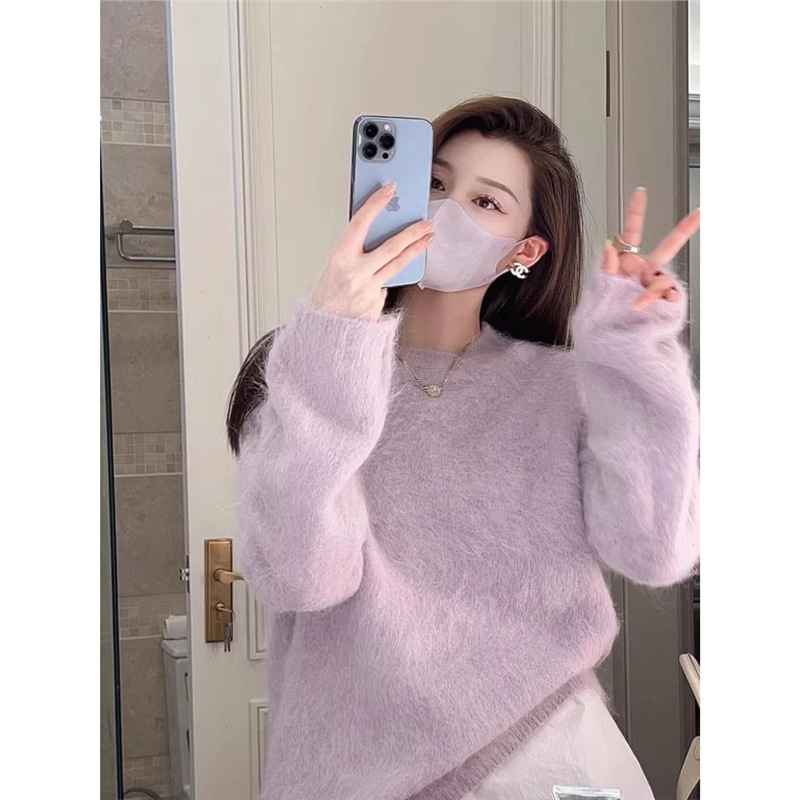 温柔水貂绒紫色圆领毛衣女秋冬外穿加厚宽松软糯慵懒风内搭针织衫|undefined