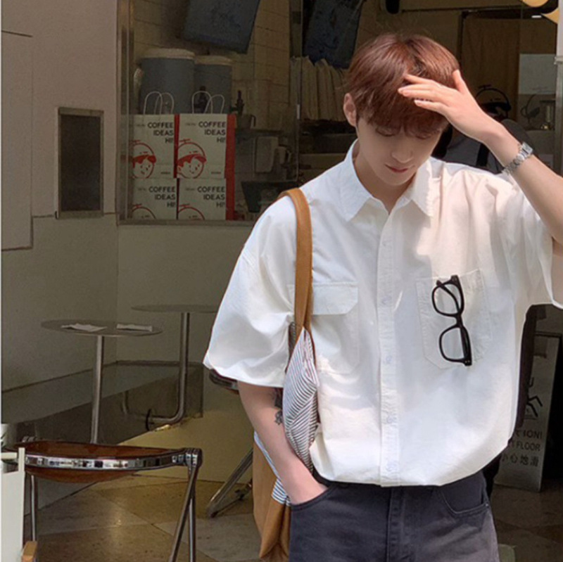 High-end Pure White Short-sleeved Shirt Men's Summer Korean-style Fashionable Teenage Hong Kong-style Loose Half-sleeved Tooling Shirt